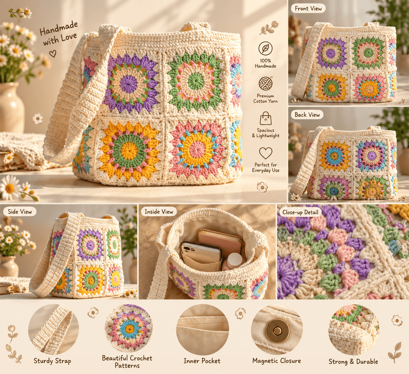 Handcrafted Crochet Cotton Shoulder Bag, Handmade Granny Square Pattern Medium Size, Bohemian Style Beautiful Multicolor Handbag